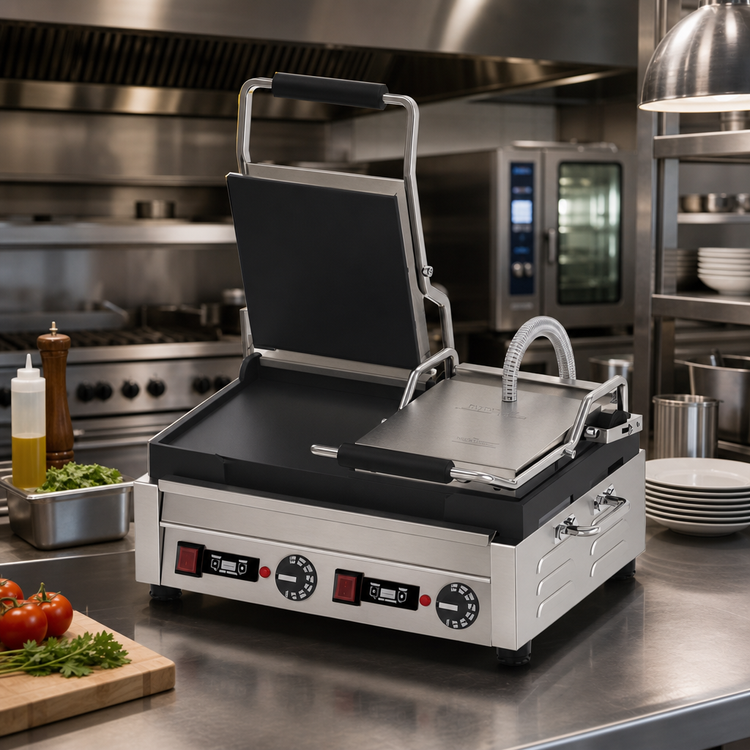 Product image #2 for Omcan Commercial Countertop Double Panini Grill with Timer, 10 x 18-Inch Smooth Cast Iron Plates, 220V