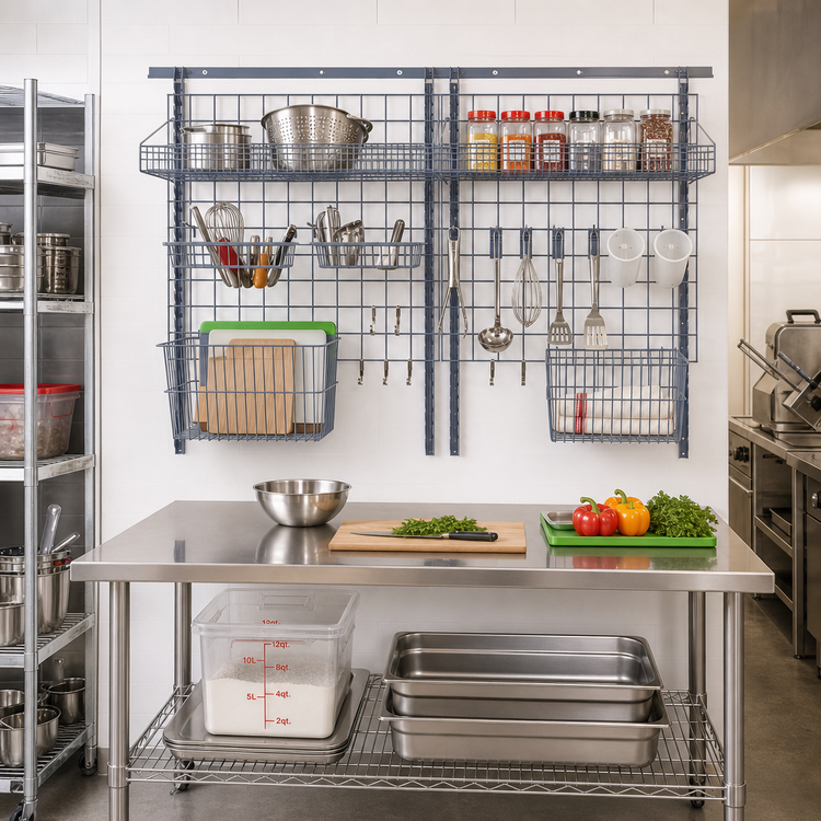 Product image #2 for Quantum Medium-Duty Wall-Mount Store Grid Starter Kit with Shelves, Baskets and Hooks