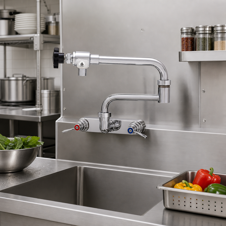 Product image #2 for Fisher Backsplash Mount Pre-Rinse Faucet, 8-Inch Centers, 10-Inch Control Swing Spout, 10-Inch Double-Jointed Spout