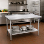 Thumbnail image #2 for John Boos Stallion ST6R1.5-3684SSK-X 84-Inch x 36-Inch Stainless Steel Work Table, 16-Gauge 300-Series Top, Rear Backsplash, Adjustable Undershelf