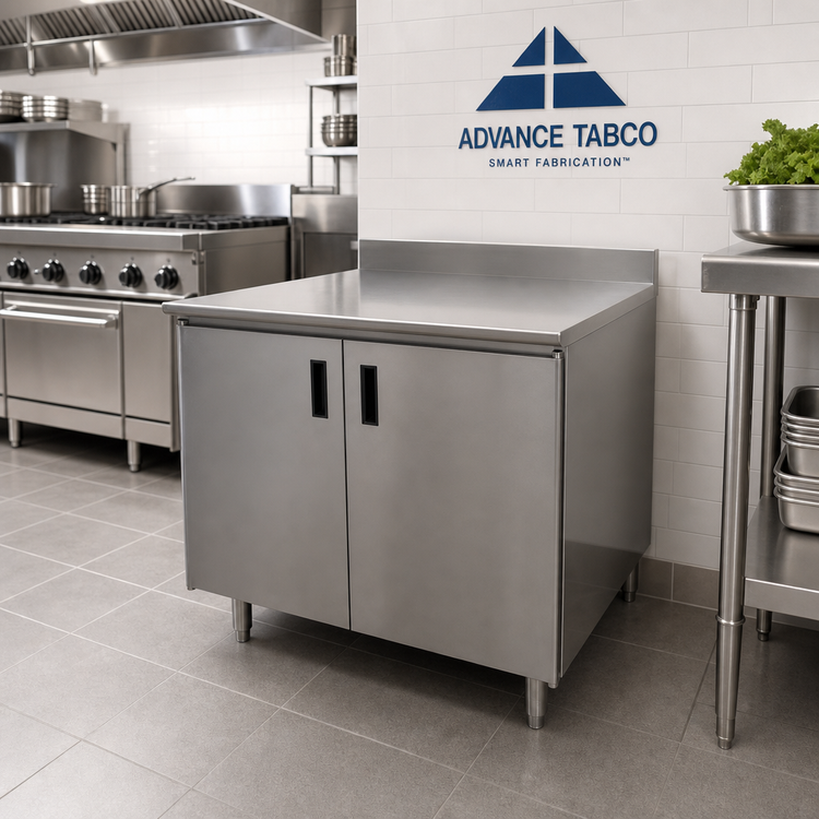 Product image #2 for Advance Tabco Special Value Series Enclosed Work Table with Cabinet Base, 36 x 24 Inches, 16 Gauge 304 Stainless Steel Top, 5-Inch Backsplash