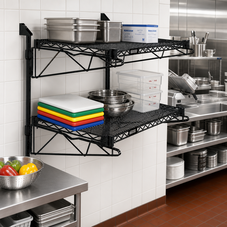 Product image #2 for Quantum Wall-Mount Cantilever Double Wire Shelf Unit, 72 x 14 Inches, Black Epoxy Antimicrobial Finish