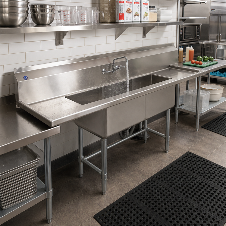 Product image #2 for BlendPort® BPFC Series 18" x 18" One-Compartment 16-Gauge 304 Stainless Steel Sink with Dual 18" Drainboards
