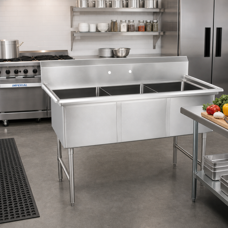 Product image #2 for John Boos 3-Compartment Stainless Steel Sink with 10-Inch Backsplash and Legs, 53-1/8 x 25-1/2 Inches