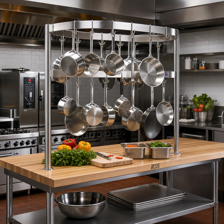 Product image #2 for John Boos Boat-Shaped Table-Mounted Stainless Steel Pot Rack, 55-1/4 Inch Wide, 15 Double Hooks