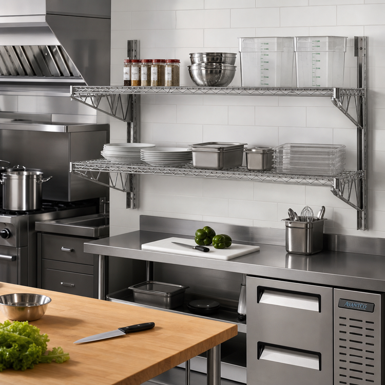 Product image #2 for Advance Tabco Special Value Series 2-Tier Adjustable Wall-Mount Wire Shelving Post & Bracket Kit for 14-Inch Deep Shelves