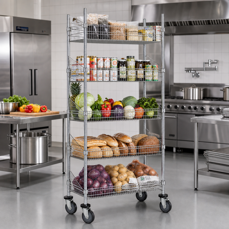 Product image #2 for Quantum Post Basket Food Cart with 5 Baskets, 1200 lb Capacity, Chrome Plated, 60 x 18 x 80 Inches