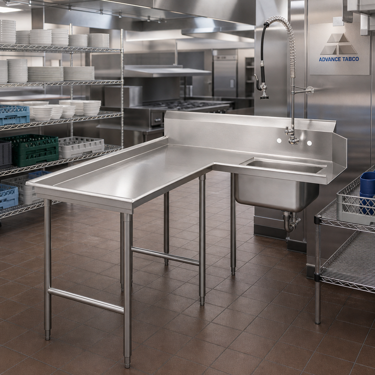 Product image #2 for Advance Tabco 47-Inch L-Shaped Left-Hand Island Soil Dishtable with Pre-Rinse Sink, 14-Gauge 304 Stainless Steel