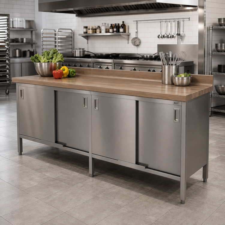 Product image #2 for John Boos Wood Top Work Table with Stainless Steel Cabinet Base and Sliding Doors