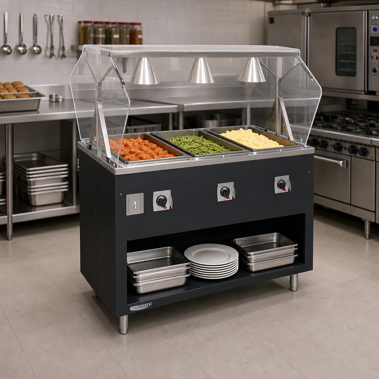 Product image #2 for Vollrath 2-Series Affordable Portable 3-Well Mobile Hot Food Station with Open Storage Base and Buffet Breath Guard, Granite