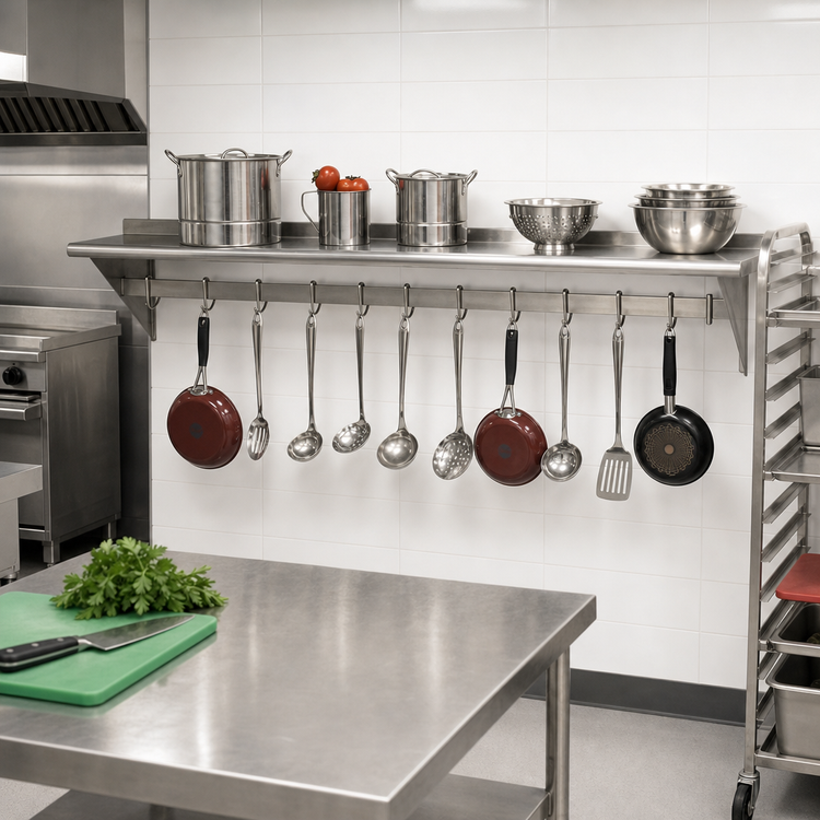 Product image #2 for Wall-Mounted Stainless Steel Shelf with Pot Rack, 132 Inch x 18 Inch, 9 Hooks