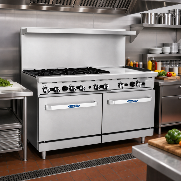 Product image #2 for CookRite 60-Inch Natural Gas Combination Range with 6 Open Burners, 24-Inch Right Griddle, and 2 Standard Ovens