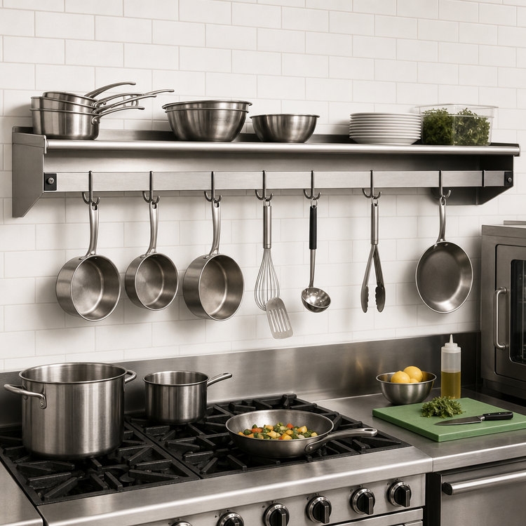 Product image #2 for 60-Inch x 12-Inch Wall-Mounted Stainless Steel Pot Rack Shelf with Removable Hooks