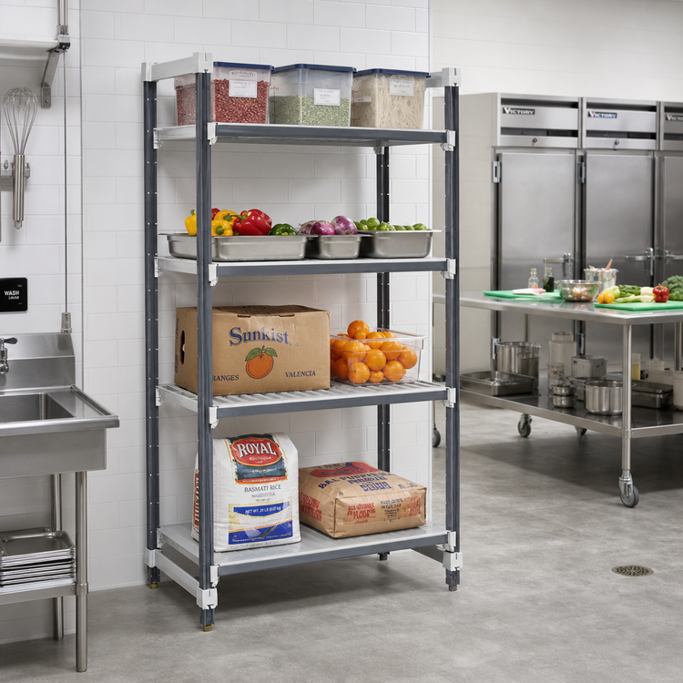 Product image #2 for Cambro Camshelving Elements XTRA 18"W x 60"L x 72"H 4-Tier Stationary Starter Unit, 3 Vented + 1 Solid Shelves, Speckled Gray
