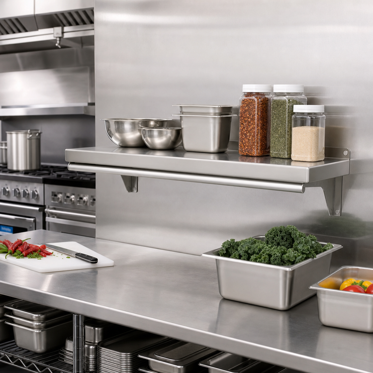 Product image #2 for Eagle Group Snap-n-Slide 24" W x 12" D Wall-Mounted Stainless Steel Shelf, Rolled Front Edge