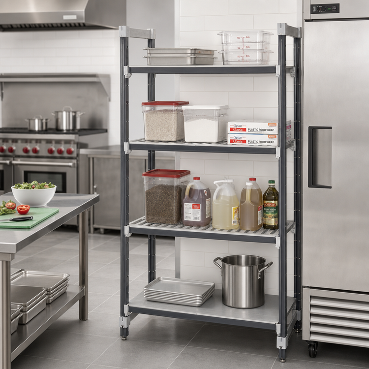 Product image #2 for Cambro Camshelving Elements XTRA 4-Tier Stationary Starter Polymer Shelving Unit, 18 x 30 x 84 Inches, 3 Vented + 1 Solid, Speckled Gray