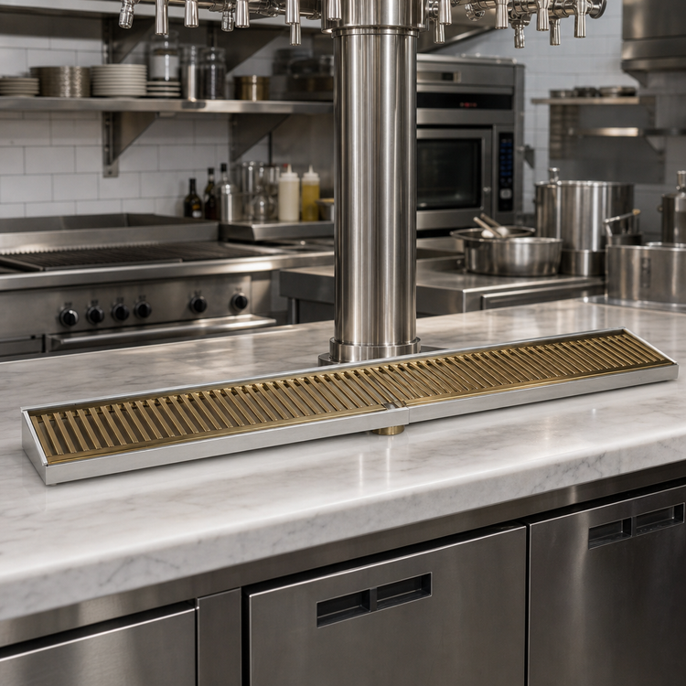 Product image #2 for 36-Inch Surface Mount Stainless Steel Drip Tray with Perforated PVD Brass Grid and 3-1/2-Inch Drain Nipple