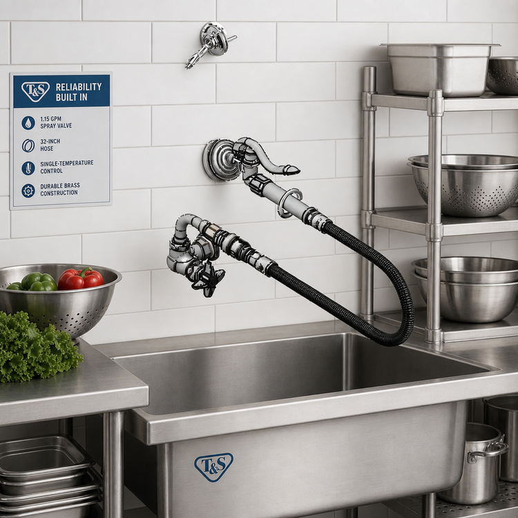Product image #2 for T&S Brass Single-Temperature Wall-Mount Pre-Rinse Faucet with 32-Inch Hose and 1.15 GPM Spray Valve