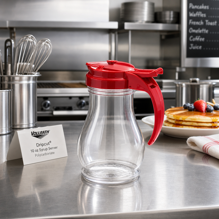 Product image #2 for Vollrath Dripcut® 10 oz Clear Polycarbonate Syrup Server with Red Plastic Top