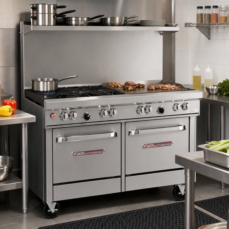 Product image #2 for Southbend Ultimate 48-Inch Gas Restaurant Range with 4 Open Burners, 24-Inch Thermostatic Griddle, and 2 Space-Saver Ovens