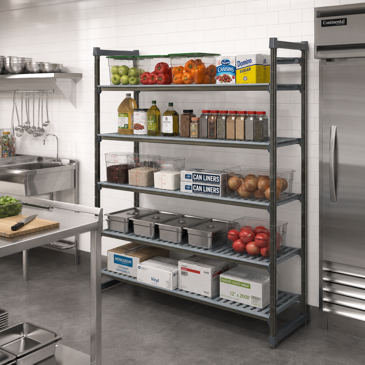 Product image #2 for Cambro Camshelving Basics Plus 5-Tier Stationary Starter Unit, 60" W x 24" D x 64" H, Louvered Polymer Shelving, Brushed Graphite