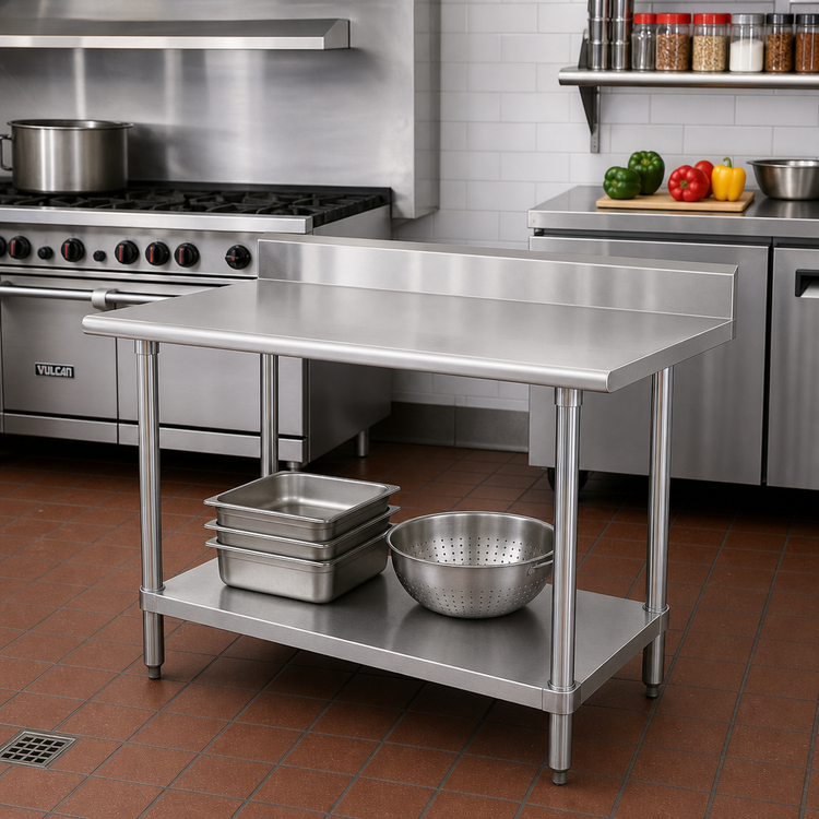 Product image #2 for Advance Tabco Special Value 30"W x 24"D 16-Gauge 430 Stainless Steel Work Table with 5" Backsplash and Adjustable Undershelf