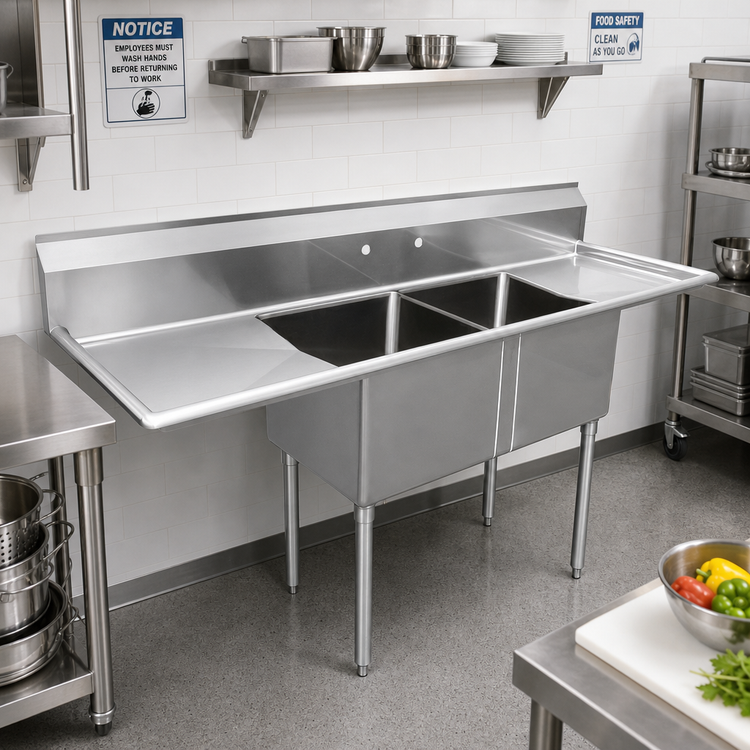 Product image #2 for Omcan 2-Compartment Pot Sink with Left & Right Drainboards, 72-Inch, 304 Stainless Steel