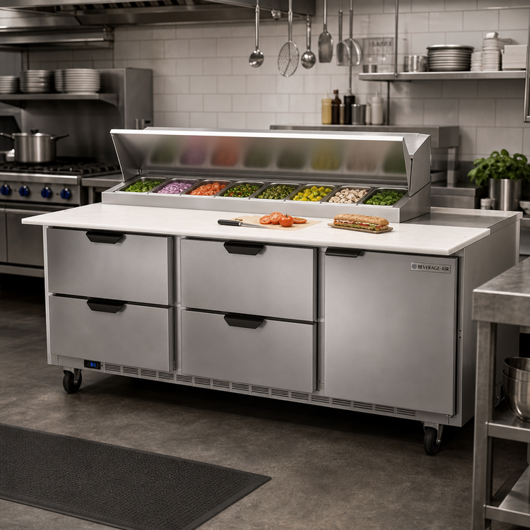 Product image #3 for Beverage-Air 72-Inch Three-Section Sandwich Top Refrigerated Prep Table with 12 1/6-Size Pan Opening, 4 Drawers, and 1 Door