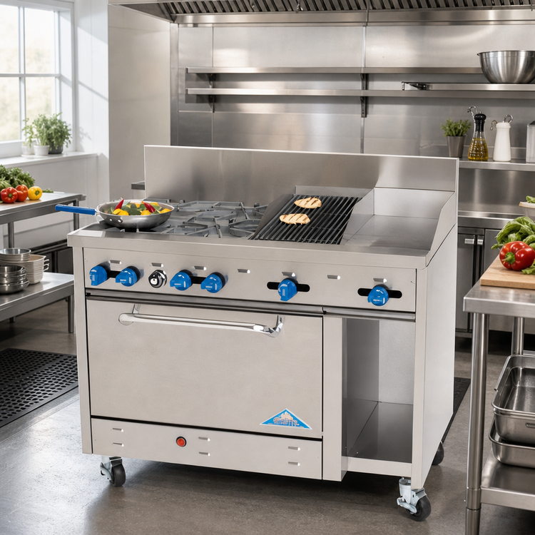Product image #2 for Comstock-Castle 48 Inch Commercial Gas Range with 4 Open Burners, 12 Inch Griddle, 12 Inch Char-Broiler, Oven and Cabinet Base