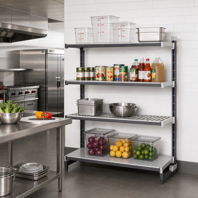Product image #2 for Cambro Camshelving Elements XTRA Stationary Add-On Polymer Shelving Unit, 18 x 72 x 64, 4-Tier, 3 Vented + 1 Solid, Speckled Gray