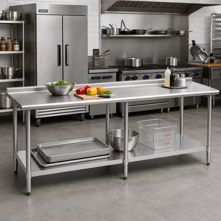 Product image #2 for Eagle Group Deluxe Series 108"W x 36"D Stainless Steel Work Table with Rear Upturn and Adjustable Undershelf
