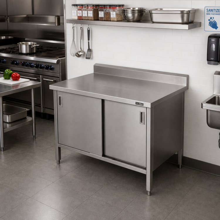Product image #2 for John Boos 36-Inch x 30-Inch Stainless Steel Enclosed Base Work Table with Sliding Doors and 5-Inch Backsplash