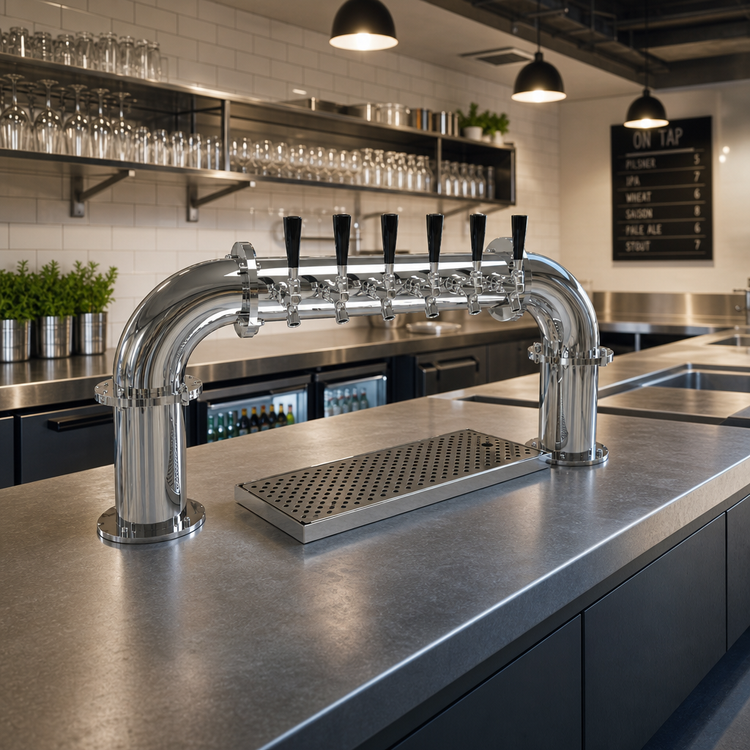 Product image #2 for Glastender Countertop Pipe Pass-Thru Draft Dispensing Tower, 6 Faucets, Air-Cooled, Mirror Finish