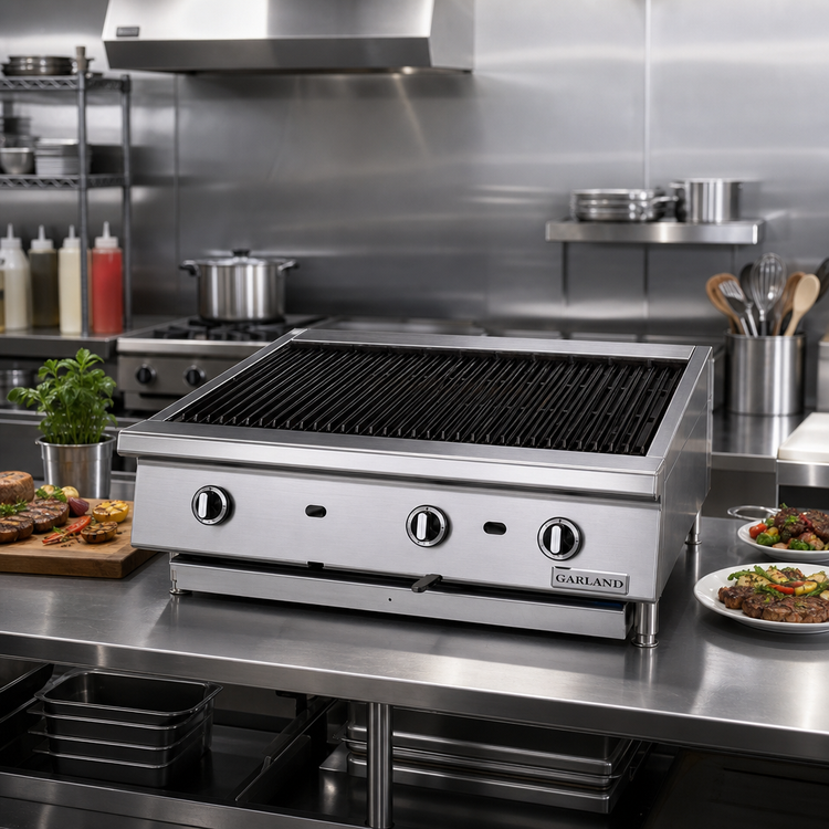 Product image #2 for Garland Heavy-Duty 36-Inch Countertop Gas Charbroiler with Ceramic Briquette Burners and Adjustable Cast Iron Grates