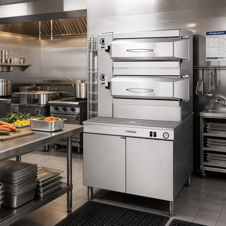 Product image #2 for Cleveland Range 3-Compartment Electric Pressure Steamer with 36-Inch Cabinet Base, 24 kW