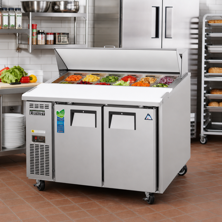 Product image #2 for Everest Refrigeration 47-1/2 Inch Two-Section Sandwich Prep Table with 12-Pan Top, 9.0 Cu. Ft., Self-Contained Side-Mounted Refrigeration