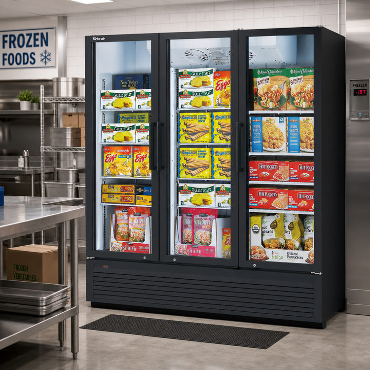 Product image #3 for Turbo Air Super Deluxe Three-Section Glass Door Freezer Merchandiser, 62.2 Cu. Ft., Bottom-Mounted Refrigeration, Hinged Triple-Pane Doors