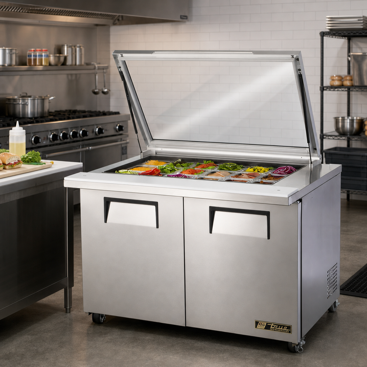 Product image #2 for True 48 3/8-Inch Wide Mega-Top Sandwich/Salad Refrigerated Prep Table with Flat Glass Lid, 2 Solid Doors, 18-Pan Capacity