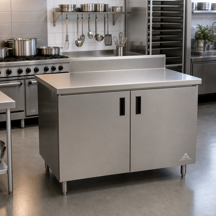 Product image #2 for Advance Tabco 36-Inch x 24-Inch Enclosed Work Table with Cabinet Base, 14-Gauge 304 Stainless Steel Top and 5-Inch Backsplash