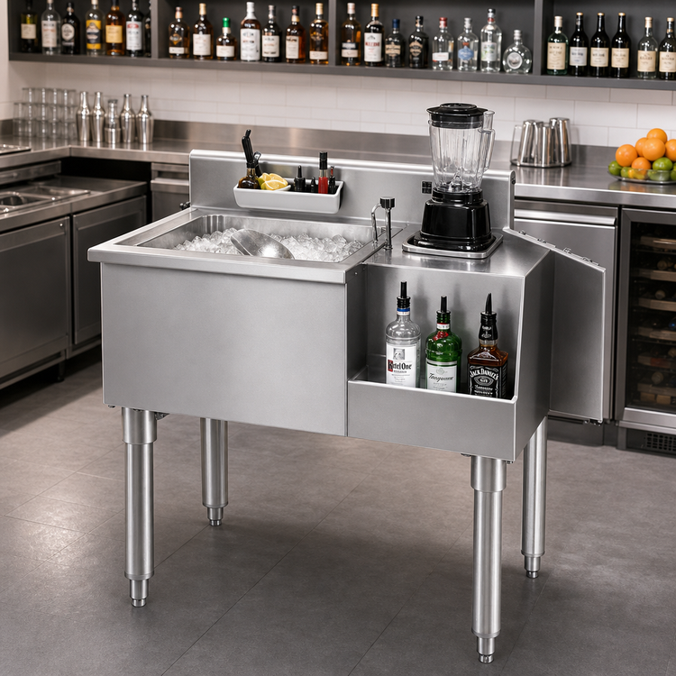 Product image #2 for Eagle Group 1800 Series 50-Inch Underbar Ice Bin/Cocktail Station with Center Ice Bin, 7-Circuit Cold Plate, Bottle Well, and Blender Recess