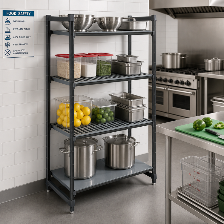 Product image #2 for Cambro Camshelving Basics Plus 4-Tier Stationary Starter Shelving Unit, 18"W x 30"L x 72"H, 3 Vented + 1 Solid, Brushed Graphite