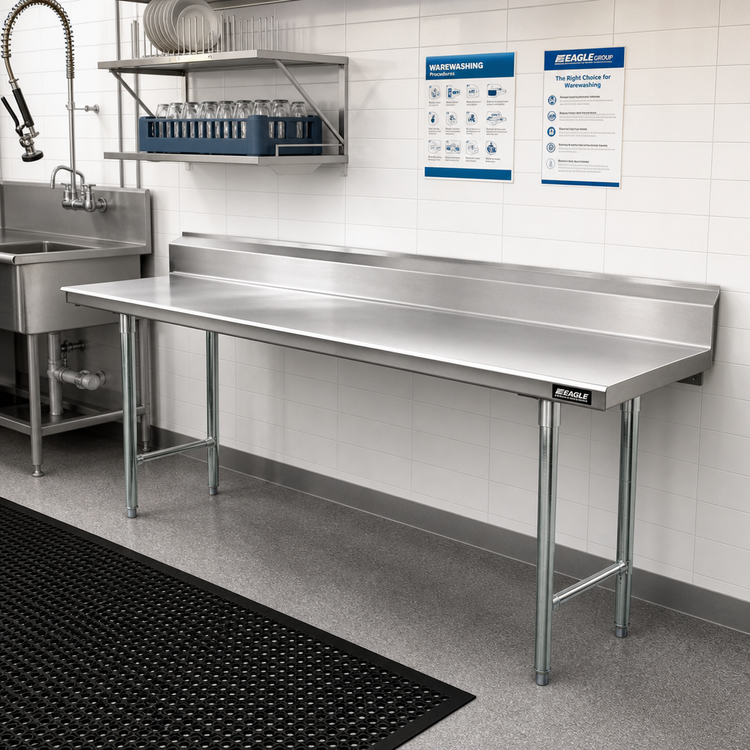 Product image #2 for Eagle Group Straight Clean Dishtable, 84 x 30 Inch, Right-to-Left, 16/430 Stainless Steel Top, 8-Inch Backsplash, Galvanized Legs