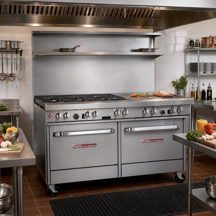 Product image #2 for Ultimate 60-Inch Commercial Gas Restaurant Range with 6 Open Burners, Raised 24-Inch Griddle/Broiler and 2 Convection Ovens