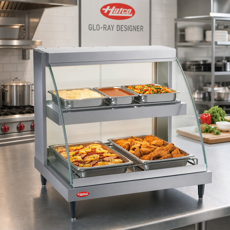 Product image #2 for Hatco Glo-Ray Designer Dual-Shelf Countertop Hot Food Display Case, 2-Pan, Curved Tempered Glass