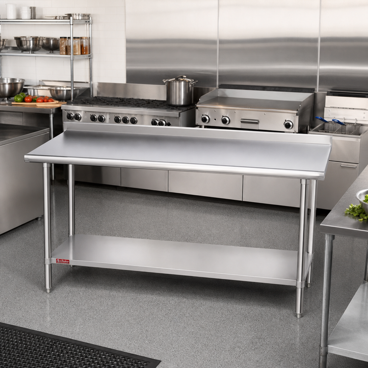 Product image #2 for Duke 108-Inch x 30-Inch 16-Gauge Stainless Steel Work Table with 1-1/8-Inch Straight Riser and Undershelf