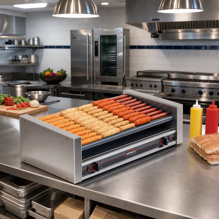 Product image #2 for Nemco Roll-A-Grill 27-Hot-Dog Slanted Countertop Roller Grill with 10 Chrome Rollers, 120V