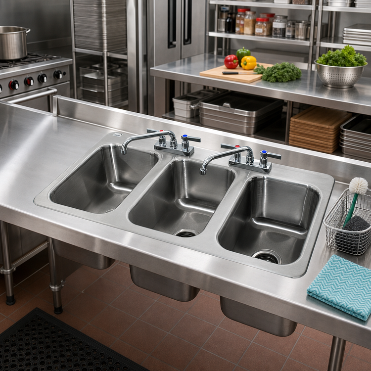 Product image #2 for Advance Tabco Three-Compartment Drop-In Stainless Steel Sink with Faucets and Basket Drain, 10 x 14 x 10 Inch Bowls