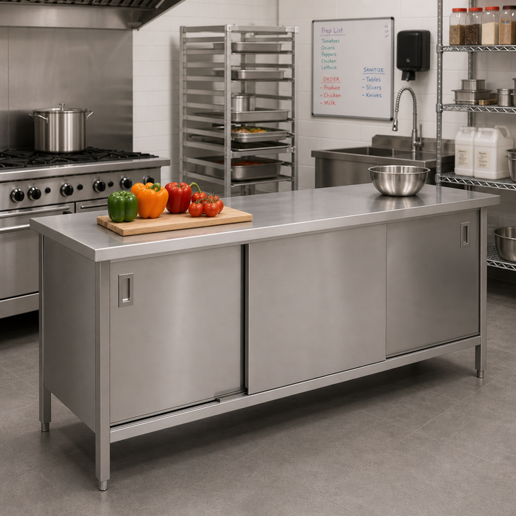 Product image #2 for John Boos Stainless Steel Enclosed Work Table with Sliding Doors, 84 x 24 Inches