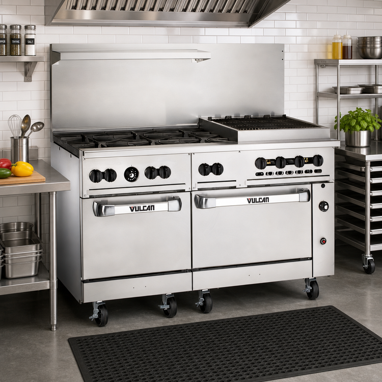 Product image #2 for Vulcan Endurance 60-Inch LP Gas Restaurant Range with 6 Open Burners, 24-Inch Charbroiler, Standard Oven, and Convection Oven