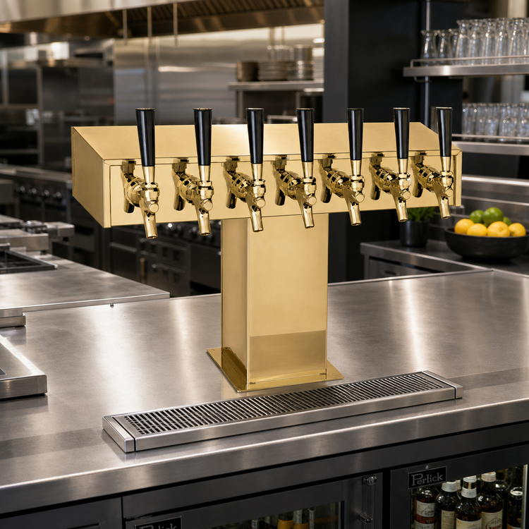 Product image #2 for Perlick Wide Base Tee Draft Beer Tower, 8 Faucets, Extra High, Glycol-Cooled, Tarnish-Free Brass, Countertop